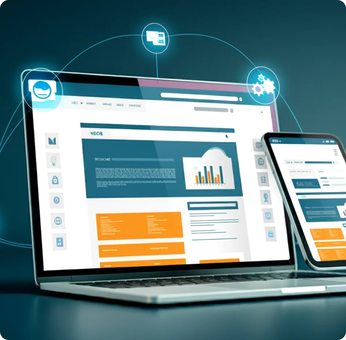 A laptop and tablet displaying web application dashboards