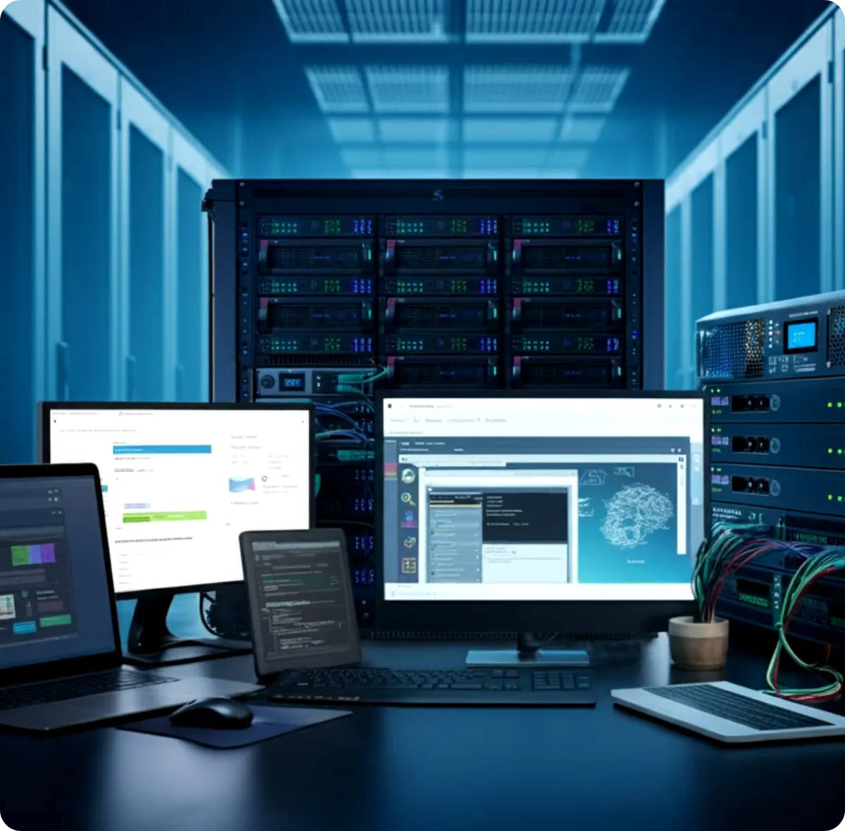 A workstation with several screens in a server room